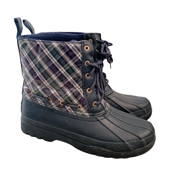 Sperry Navy Blue Plaid Rubber Waterproof Winter Rain Boots - Picture 1 of 6